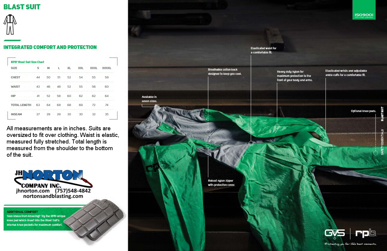 RPB-NylonBlastSuits Blast Suit RPB Safety Size Measurement Chart