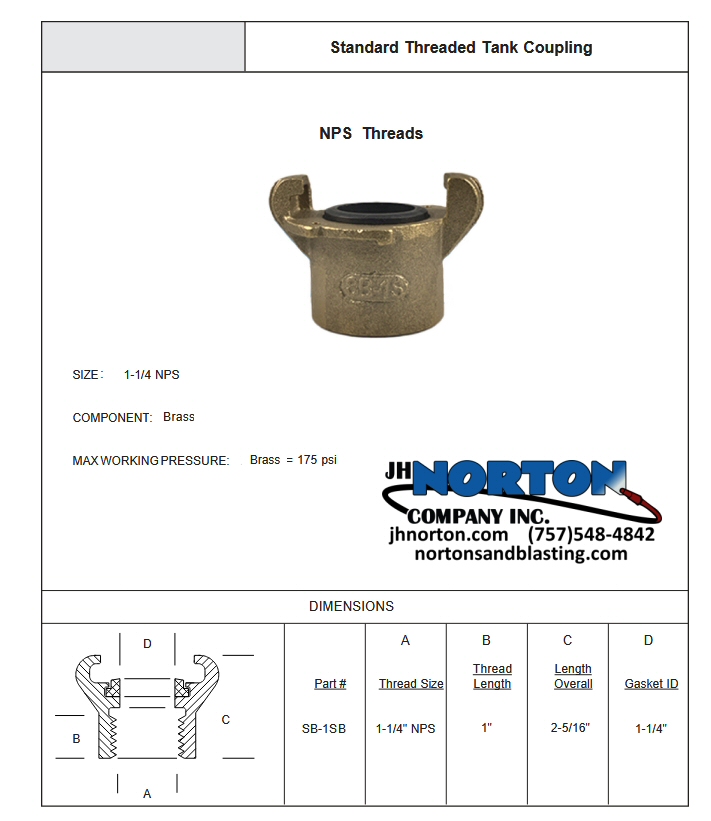 SB-1SB_tank-coupling-NPS_threads_brass Tank Coupling 1-1/4", Brass, Straight Sandblasting