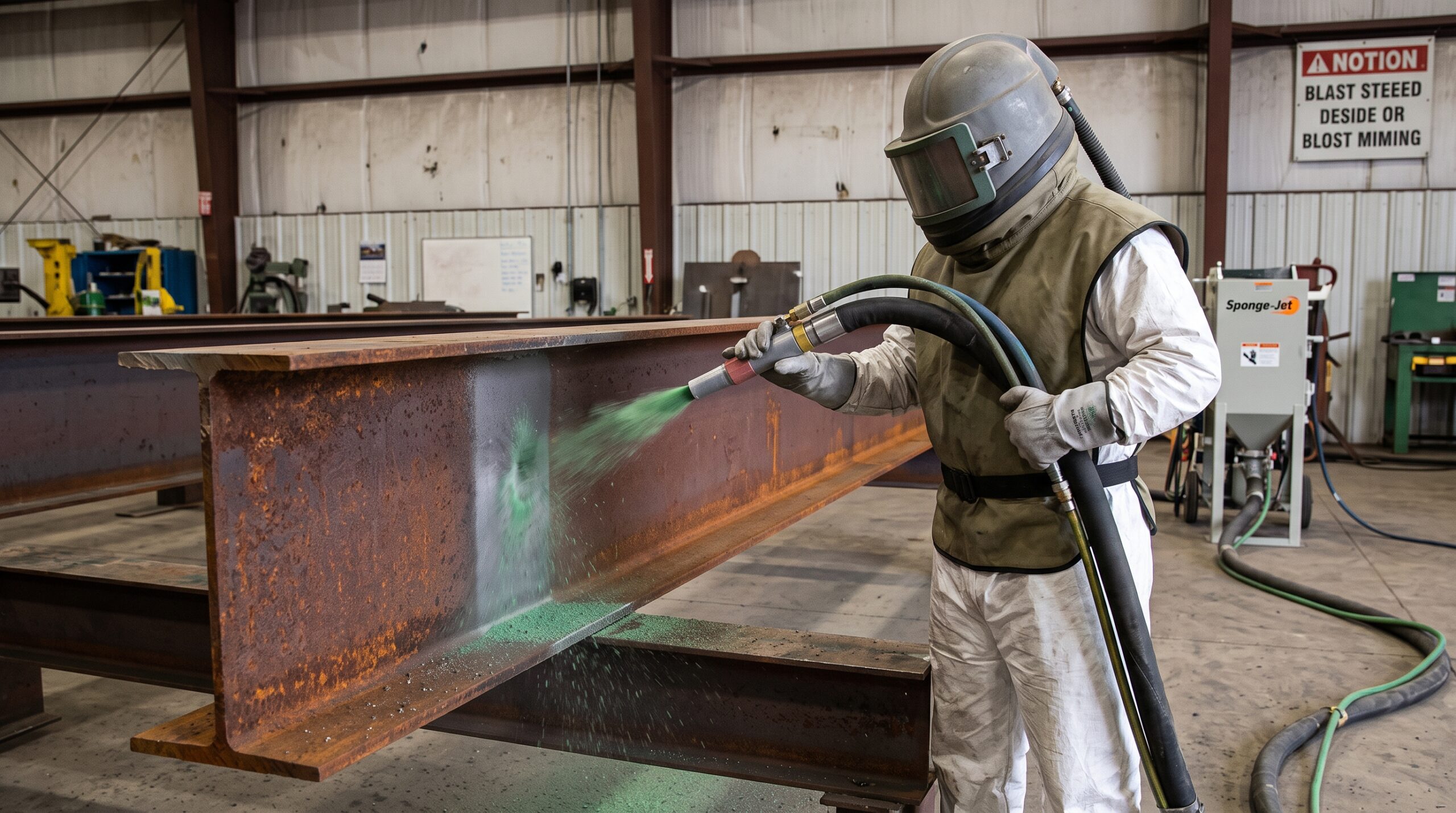 Abrasive sponge blast nozzle cleaning rusted steel with minimal dust generation