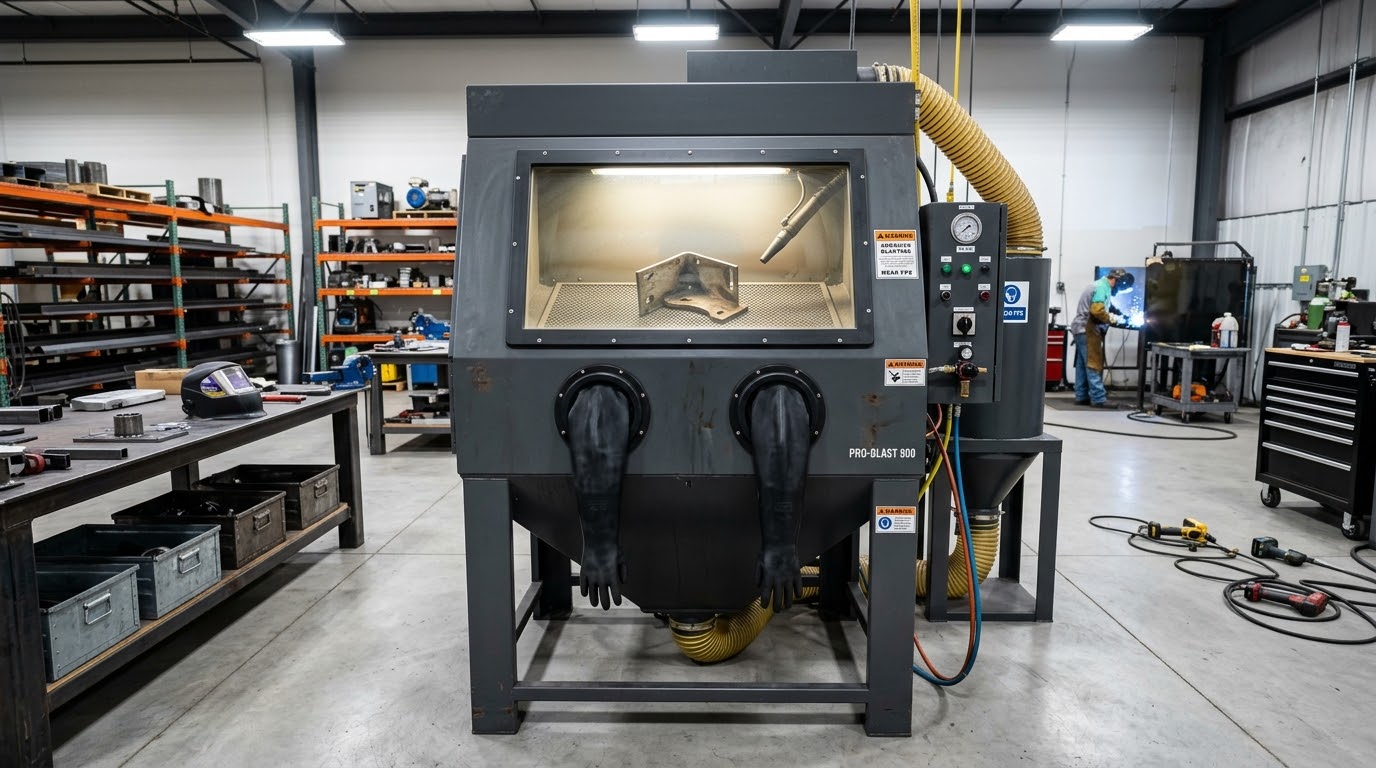 Heavy-duty blast cabinet in a fabrication facility