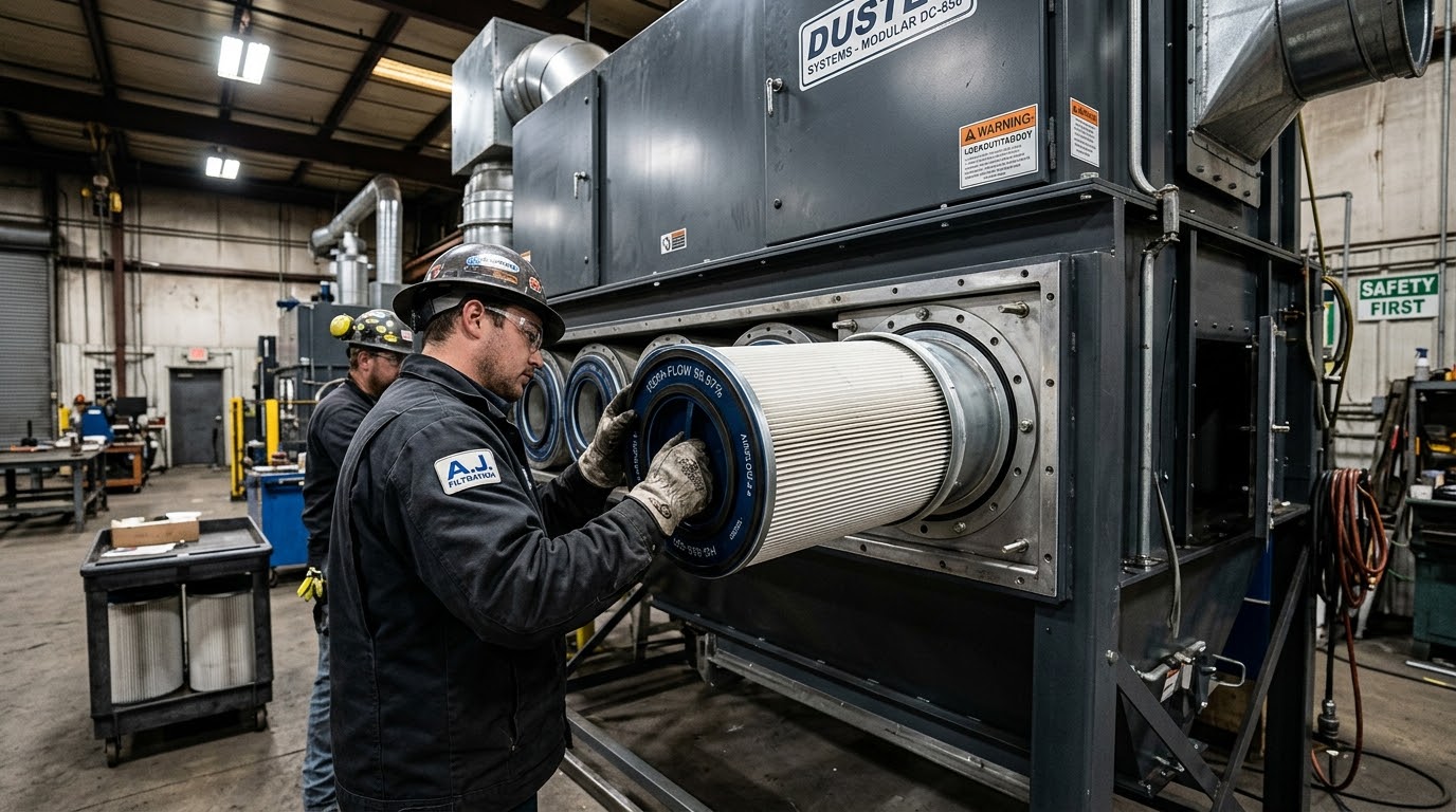 High-efficiency cartridge filters installed during a dust collector retrofit