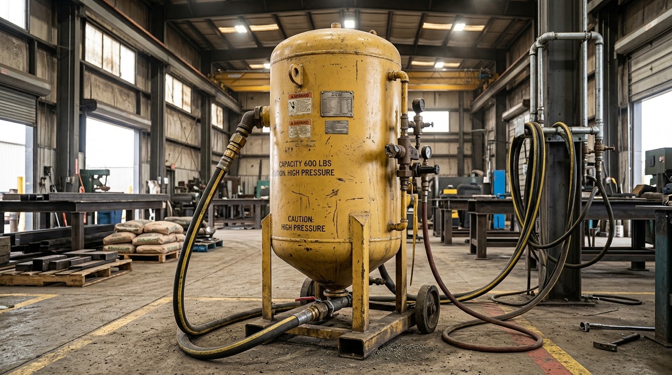Industrial 600 pound blast pot set up for heavy abrasive blasting operations