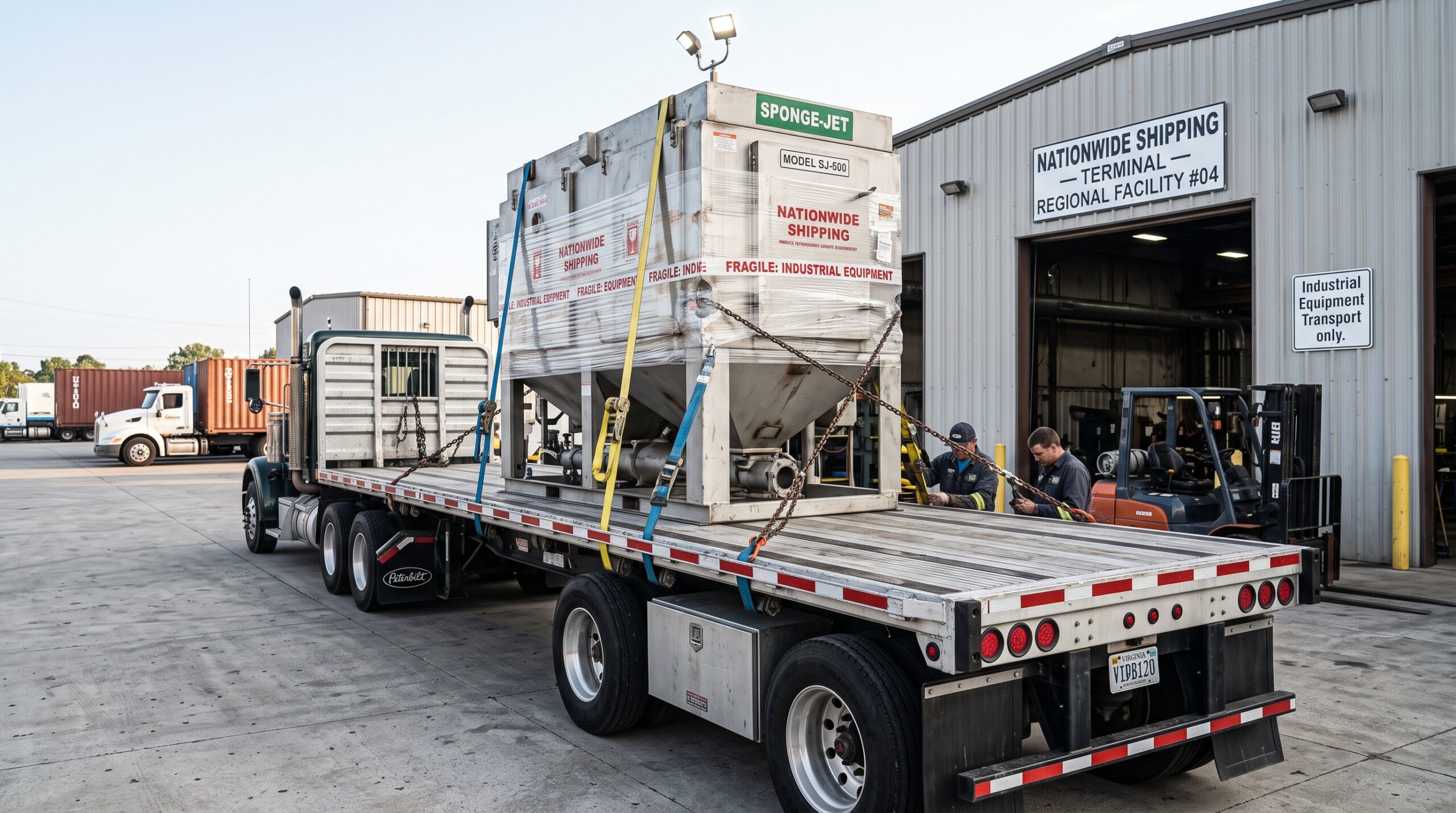 Industrial blast cabinet loaded onto a flatbed truck for nationwide shipping
