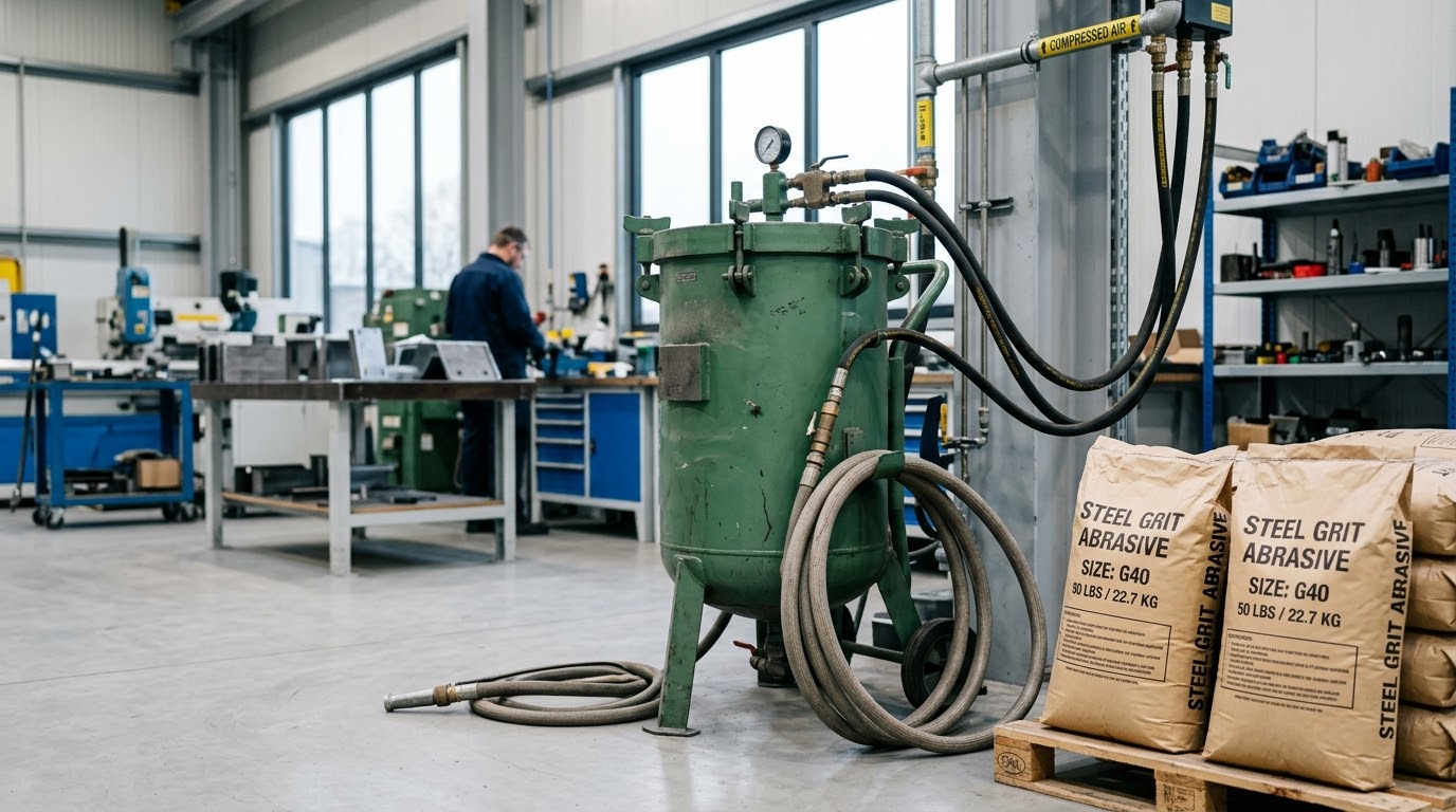 Industrial blast pots set up in a surface preparation facility