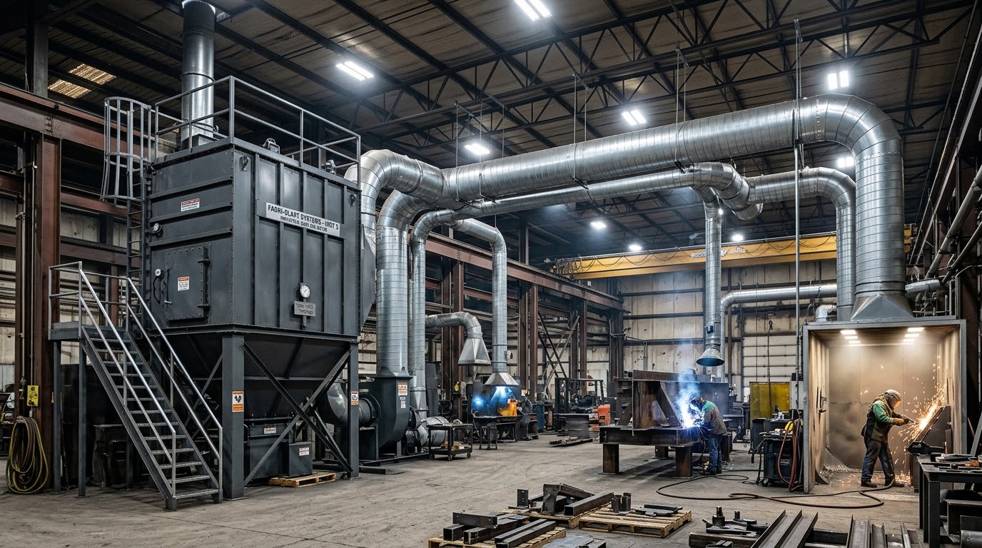 Technician evaluating an industrial dust collector during an abatement system upgrade